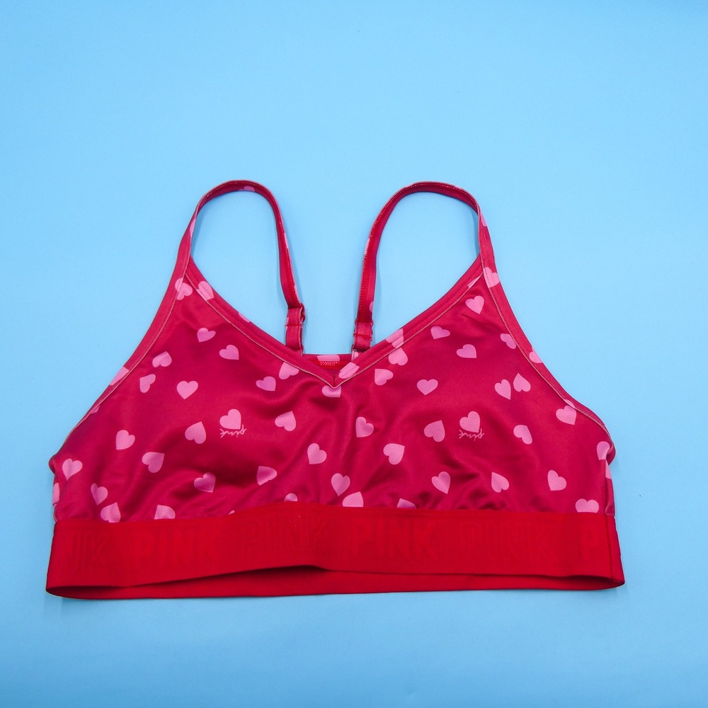 Pink Sports Bra‎ Womens Large Active Heart Print Red Adjustable Mesh Polyester